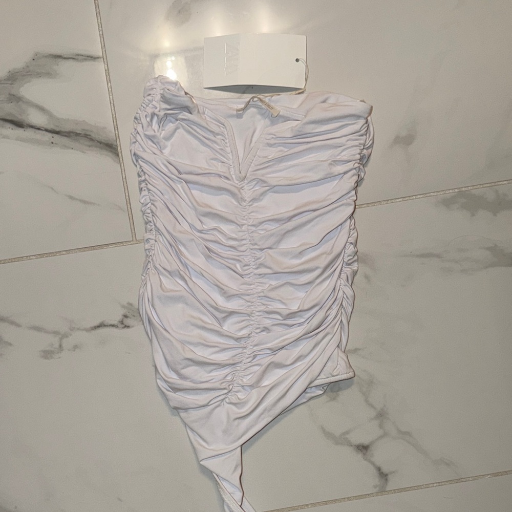 ZARA White Ruched One-Shoulder Bodysuit